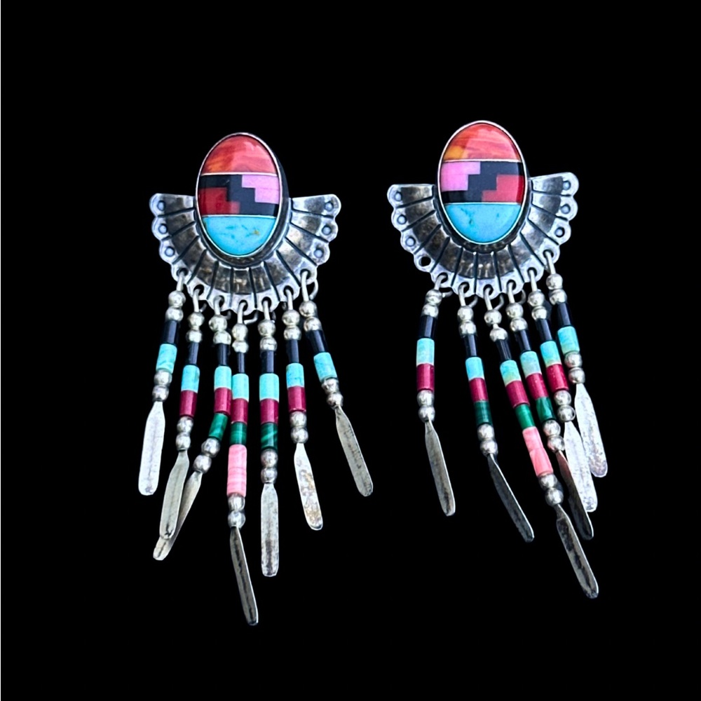 Sterling Silver Multi-stone Inlay Dangle Earrings Vintage Signed Q.T.